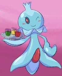 2020 anthro beverage blue_sclera blush cnidarian erection food frillish front_view full-length_portrait generation_5_pokemon genitals hand_on_hip hi_res holding_platter ice ice_cube looking_at_viewer male male_anthro marine mincheeto nintendo offering_food one_eye_closed penis pokemon pokemon_(species) portrait pseudo_clothing red_eyes serving_tray smile solo tapering_penis wink winking_at_viewer