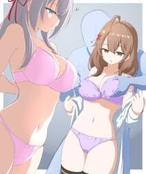 1boy ahoge alisa_mikhailovna_kujou black_thighhighs blue_eyes bow_panties bra breast_grab breasts brown_eyes brown_hair cleavage etlabsotwe faceless_male grabbing grey_hair groping hair_ornament hi_res hypnosis large_breasts long_hair maria_mikhailovna_kujou navel off_shoulder panties pink_bra pink_panties purple_bra purple_panties siblings sisters stomach straight thighhighs tokidoki_bosotto_russian_de_dereru_tonari_no_alya-san underwear white_shirt