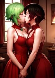 2girls ai_generated animated civitai green_hair hailuoai kissing lingerie mikey-rg97 no_sound original original_character red_dress red_hair rooster_teeth ruby_rose rwby shorter_than_30_seconds tagme teenager_girl video yuri