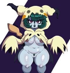 animal_ears animal_nose areola big_breasts blue_body blue_fur bottomless breasts captainshadow clothed clothing cosplay costume eyelashes eyeshadow female front_view fur generation_7_pokemon genitals green_hair green_lipstick green_pubes hair halloween halloween_costume hi_res holidays hoodie humanoid league_of_legends lipstick long_sleeves looking_at_viewer makeup mimikyu navel nintendo open_mouth plump_labia pokemon pokemon_(species) pubes pupils purple_areola purple_background purple_eyes purple_eyeshadow pussy riot_games short_hair simple_background slightly_chubby slit_pupils solo tan_clothing tan_hoodie tan_topwear tencent thick_thighs topwear vex_(lol) white_background wide_hips yordle