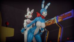 2girl 2girls 3d afafafewg animatronic animatronics ass blue_skin blush bowtie breasts bunny_ears female five_nights_at_freddy's five_nights_at_freddy's_2 five_nights_at_freddy's_4 fnaf fnaf_2 fnaf_4 fox_ears fuck_nights_at_frederika's furry furry_tail glowing_eyes green_eyes highres hip_grab mangle_(fnaf) pink_skin robot robotic sex smiling tail tie toy_bonnie_(fnaf) white_hair white_skin yellow_eyes yuri