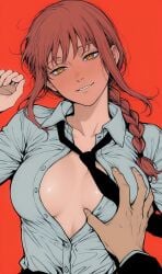 ai_generated breast_grab chainsaw_man lxlbanner makima_(chainsaw_man) no_bra red_hair smile yellow_eyes
