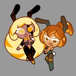 2girls accurate_art_style artzkeith big_breasts blonde_hair bow breasts brown_eyes brown_hair bunny_ears bunny_girl bunnysuit cleavage cookie_run cookie_run_ovenbreak croissant_cookie curvy curvy_figure eyepatch female female_focus female_only gloves hand_on_thigh looking_at_viewer reverse_bunnysuit side_view tagme thick_thighs timekeeper_cookie watermark wide_hips wristband yellow_eyes