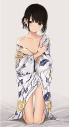 1girls akipeko bare_legs bed_sheet black_eyes black_hair blush closed_mouth collarbone commentary duplicate female flat_chest floral_print full_body grey_background groin highres japanese_clothes kimono kneeling light_blush long_sleeves looking_at_viewer naked_kimono no_bra no_panties off_shoulder open_clothes open_kimono original pixel-perfect_duplicate print_kimono short_hair simple_background single_bare_shoulder solo undressing white_kimono wide_sleeves yukata
