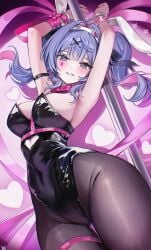 animal_ears arm_belt armpits arms_up belt black_belt black_leotard black_pantyhose blue_eyes blue_hair blush bow bowtie breasts chest_belt cowboy_shot cuffs fake_animal_ears female floating_hair grin hair_between_eyes hairband handcuffs hatsune_miku heart heart_print highres large_breasts leotard long_hair looking_at_viewer multicolored_hair pantyhose pink_belt pink_bow pink_bowtie pink_hair pink_pupils pink_ribbon pole print_background rabbit_ears rabbit_hole_(vocaloid) ribbon smile solo standing strapless strapless_leotard streaked_hair teardrop_facial_mark thighs twintails vocaloid white_hairband wrist_ribbon zije