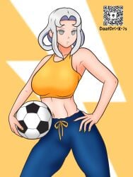 1girls 2d 2d_(artwork) akasode_matsuri_(inazuma_eleven) armpit_peek armpits ball blue_pants breasts color colored daatdraws female gray_eyes gray_hair grey_eyes grey_hair highres holding holding_ball inazuma_eleven inazuma_eleven_(series) inazuma_eleven_victory_road jazmine_carmine large_breasts pants soccer_ball solo tank_top thigh_up yellow_tank_top