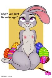 anthro areola barely_visible_genitalia barely_visible_pussy buckteeth dialogue disney easter eyelashes female flat_chested front_view genitals hi_res holidays judy_hopps kneeling lagomorph leporid mammal necroeddie nipples nude open_mouth open_smile pink_areola pink_nipples pink_nose purple_eyes pussy rabbit simple_background smile solo teeth text thick_thighs white_background wide_hips yellow_background zootopia
