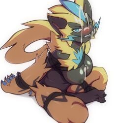 2025 anthro areola big_breasts black_body blue_eyes blush bodily_fluids bound breasts clenched_teeth cum cum_on_breasts cum_on_face eyebrows feet female generation_7_pokemon genital_fluids glistening glistening_breasts hands_tied hi_res legendary_pokemon mcfli neck_tuft nintendo nipples nude one_eye_closed pawpads pokemon pokemon_(species) sitting solo teeth tuft yellow_body zeraora