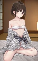 1girls akipeko bare_legs bare_shoulders bikini bikini_under_clothes black_bow blush bow breasts brown_eyes brown_hair cleavage collarbone commentary futon grey_kimono highres indoors japanese_clothes kimono looking_at_viewer obi off_shoulder on_bed open_clothes open_kimono original parted_lips patterned_clothing ponytail sash shima_(pattern) short_hair short_ponytail sitting small_breasts solo strapless strapless_bikini swimsuit tatami white_bikini yokozuwari yukata