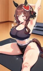 ai_generated animal_ears big_thighs braided_hair brown_hair female frilled_hairband gentildonna_(umamusume) hair_ornament horse_girl long_hair red_eyes steamy stretching sweat umamusume umamusume_pretty_derby workout