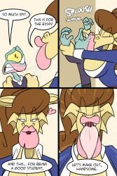 1boy 1girls 2d 2d_(artwork) big_breasts big_lips breasts brown_hair clawed_fingers closed_eyes comic comic_page comic_panel dialogue digital_drawing_(artwork) digital_media_(artwork) dragon dragon_girl dragon_tail female french_kiss french_kissing furry grabbing_another's_head holding_wrists horn jamearts kissing lizard lizardman long_hair makeout male male_victim no_humans panels pink_lips pink_lipstick pinned_to_wall pointy_ears ponytail pov pov_kiss rebecca_(jamearts) red_pupils saliva saliva_trail scalie scalie_female scalie_only shocked shocked_expression size_difference story student student_and_teacher tail teacher teacher_and_student teacher_clothing teacher_outfit tongue tongue_out victim yellow_body yellow_eyes yellow_skin