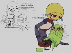 1boy 1girls embarrassed emoji emoji_(race) english_text female greedyghoul lubricant male oil r.e.p.o. robot robot_humanoid self_upload semibot spiral_eyes tagme taxman taxman_(r.e.p.o.) text unusual_bodily_fluids