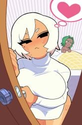 1boy 1girls ass black_eyes blush breasts green_hair heart implied_after_sex komugi_(riki0731) large_breasts looking_at_viewer mii mole mole_under_eye nintendo no_pants original original_character riki0731 short_hair sweat thought_bubble tomodachi_life turtleneck white_hair