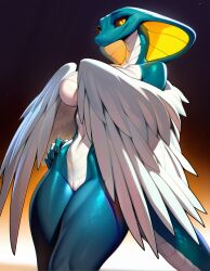 ai_generated breasts completely_nude covering_breasts feathered_wings female from_below hand_on_hip large_breasts looking_at_viewer navel nude pussy scalie small_waist snake_girl snake_hood solo standing tail teal_body teal_scales thick_thighs white_wings wing_censor wings yellow_eyes zorkpics