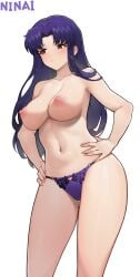 absurdres arms_akimbo artist_name blush breasts brown_eyes commentary cowboy_shot female female_focus hand_on_own_hip highres katsuragi_misato large_breasts lingerie long_hair looking_to_the_side navel neon_genesis_evangelion ninai nipples no_scar panties panties_only pink_nipples purple_hair purple_panties simple_background solo standing stomach thighs topless_female underwear underwear_only variant_set very_long_hair white_background