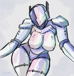 1female armor big_breasts breast_squish breasts earpiece faceless featureless_crotch female female_focus female_only headgear helmet humanoid humanoid_robot large_breasts looking_at_viewer no_clothes nude original_character oxtra pearlescent robot robot_girl screen_face shiny_skin thick_thighs voluptuous voluptuous_female wide_hips