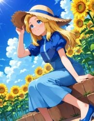 2025 ai_generated blonde_eyebrows blonde_female blonde_girl blonde_hair_female blue_dress blue_eyes blue_shoes breeze clouds day daylight deviantart elryusam flowers_in_background holding_hat looking_at_sky maria_robotnik meta mouth_closed not_porn orange_cheeks sega sky sonic_the_hedgehog_(series) summer summer_breeze summer_hat sun sunlight sunlight_rays