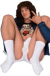 1boy 1male balls balls_under_clothes big_bulge big_dick_energy brown_hair bulge bulge_in_underwear bulge_under_clothes bulging eddie_munson feet full_body hairy_legs half-dressed half-erect half_naked jacket legs_held_open long_hair male male_focus male_only marcomo socks solo solo_focus solo_male stranger_things underwear white_underwear