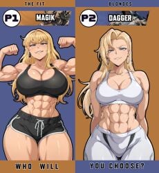 2girls abs absurd_res absurdres ai_assisted ai_generated ass ass_bigger_than_head ass_focus big_ass blonde_hair blue_eyes blush breasts breasts_bigger_than_head caucasian caucasian_female choker closed_mouth closed_mouth_smile curvy dagger dagger_(marvel) dagger_(marvel_rivals) dolphin_shorts female flexing_bicep from_front hourglass_figure huge_ass large_ass large_breasts long_hair looking_at_viewer looking_back magik_(illyana_rasputin) magik_(marvel_rivals) makeup marvel marvel_comics marvel_rivals mature mature_female medium_hair milf multiple_girls muscular_female pale-skinned_female pale_skin posing raleu10 round_ass shiny_skin sideboob simple_background smile smiling smiling_at_viewer smirk smug sports_bra sportswear thick_ass thick_thighs thighs toned_female vs wide_hips yoga_pants