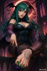 ai_assisted ai_generated bat_wings bats capcom claw_toenails corset dark_aesthetic darkstalkers dominant feet female firafeet foot_fetish foot_focus foot_tattoo goth green_toenails high_heels long_toenails morrigan_aensland pedicure pointing_at_viewer pov_feet red_moon revealing_outfit sole_focus succubus toe_claws toe_ring toenail_polish toes
