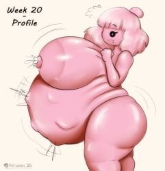 blush embarrassed fetal_movement flying_sweatdrops from_side giant_thicc_soft_gf_(hiruson) giantess gigantic_belly hiruson hyper_pregnancy lactating motion_lines pink_skin pregnant sequence thick_thighs wide_hips