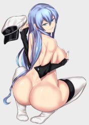 1girls absurdres akame_ga_kill! ass aster_crowley blue_eyebrows blue_eyelashes blue_eyes blue_hair breasts coloured detached_sleeves esdeath_(akame_ga_kill!) fanart female female_ass female_only from_behind full_body hair_between_eyes hat hat_removed headwear_removed highres large_ass large_breasts long_hair looking_at_viewer looking_back matching_hair/eyes nude parted_lips peaked_cap sideboob simple_background smile solo squatting thighhighs very_long_hair white_legwear