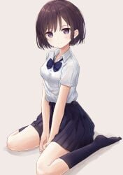 1girls absurdres akipeko bad_id bad_pixiv_id black_skirt black_socks blue_bow blush bow breasts commentary_request highres kneehighs kneeling looking_at_viewer medium_breasts original pleated_skirt shirt short_hair short_sleeves sitting skirt socks solo uniform white_shirt
