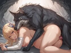 ai_generated blonde_hair blue_eyes breeding canine cave cum cum_inside defeated doggy_style fucked_silly large_breasts pony_diffusion_xl pregnant rape sophitia_alexandra torn_clothes wolf zoophilia