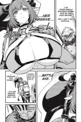 1boy 1girls animal_ears battle_axe bikini_armor body_fur breasts choker cleavage cow_ears cow_horns cow_tail english_text expressionless female funny fur fur_on_legs goblin_slayer goblin_slayer:_year_one goblin_slayer_(goblin_slayer) hard_translated height_difference horns huge_breasts huge_weapon male manga manga_page micro_bikini minotaur minotaur_female monochrome o-ring o-ring_bikini outside_panel right_to_left solo_focus tail taller_girl translated underboob