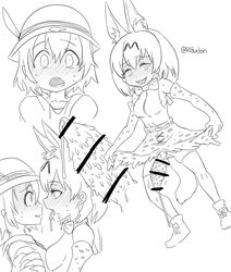 2girls animal_penis barbed_penis futanari highres intersex kaban_(kemono_friends) kemono_friends monochrome multiple_girls penis precum serval_(kemono_friends) tonda