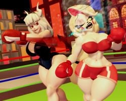2girls 3d big_breasts blonde_hair boxing boxing_gloves boxing_match boxing_ring breasts charlie_morningstar_(hazbin_hotel) crossover demon demon_girl demon_horns female_focus female_only fight fighting fighting_ring hazbin_hotel helltaker horns huge_breasts josugomezofficialnew large_breasts long_hair lucifer_(helltaker) punch punching red_eyes ryona thick thick_thighs thighs white_hair wide_hips