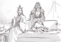 2boys 3boys anal anal_sex ass ass_up ass_up_face_down calm casual cyfil17 doesn't_care free_use in_front_of_another in_front_of_boyfriend liu_qingge long_hair luo_binghe male on_sofa polyamory sex shen_qingqiu sitting svsss the_scum_villain's_self-saving_system watching yaoi