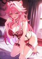 1girls 2d 2d_(artwork) alternate_costume animal_ears animal_print bed bedroom big_breasts blush bra breasts cleavage curtains day fanart fanart_from_twitter female_focus female_only front_view high_resolution highres hololive hololive_english hololive_english_-justice- hourglass_figure indoors jygfams light-skinned_female light_skin lingerie long_hair looking_at_viewer on_bed on_knees panther_ears pink_hair pink_lingerie pink_nails raora_panthera sexy slim_girl solo_female solo_focus thong virtual_youtuber vtuber vtuberfanart window yellow_eyes young younger_female