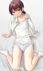 1girls akipeko arm_support bed_sheet blush brown_hair camisole collarbone flat_chest highres looking_at_viewer no_pants open_clothes open_shirt original panties polka_dot polka_dot_panties red_eyes shirt short_sleeves sitting socks solo underwear wariza white_camisole white_panties white_shirt white_socks