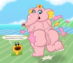 1girls animate_inanimate anthro anus ass big_butt blue_eyes clothing crown detailed_background duo ear_piercing elephant elephant_peach elephantid embarrassed english_text exploding_clothing female flower genitals headgear huge_butt looking_back mammal mario_(series) nintendo nude outside piercing plant princess_peach proboscidean pussy sharkinwaves super_mario_bros._wonder talking_flower_(super_mario_bros._wonder) talking_flower_(super_mario_bros_wonder) text torn_clothing wardrobe_malfunction