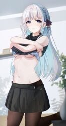 1girls absurdres bad_id bad_pixiv_id black_shirt black_skirt blue_hair blurry bra braid breasts clothes_lift crown_braid depth_of_field groin hair_ornament highres kneeling light_blush long_hair looking_at_viewer medium_breasts navel open_clothes open_skirt original pantyhose plant potted_plant purple_eyes shirt shirt_lift sikimosh skirt sleeveless sleeveless_shirt solo sweater underboob underwear undressing white_bra