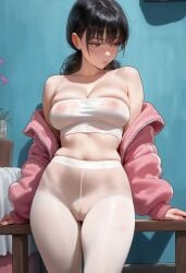 1girls ai_generated black_hair cameltoe chainsaw_man female grey_eyes gzegh indoors jacket large_breasts looking_to_the_side mitaka_asa nipples pantyhose pussy see-through standing tube_top