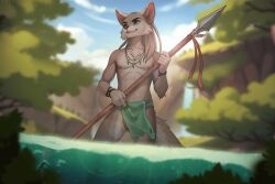 animated anthro balls barely_visible_balls barely_visible_genitalia barely_visible_penis blue_eyes bottomwear bottomwear_aside clothing clothing_aside detailed_background forest fur genitals hair jewelry loincloth loincloth_aside long_hair long_tail male marcusunderwood melee_weapon mostly_nude mountain nipples penis plant polearm sean_waald_(character) solo spear standing tail tan_body tan_fur tree underwood water weapon