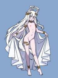 :o alternate_costume animal_ears arknights barefoot blue_background bracelet cape cape_lift chinese_commentary cleft_of_venus commentary_request fake_halo female gold gold_anklet gold_armlet gold_belt gold_bracelet gold_collar halo highres horse_ears horse_girl horse_tail hydrogina jewelry large_variant_set laurel_crown long_hair looking_at_viewer nipples nude open_mouth platinum_(arknights) purple_eyes pussy revealing_clothes ringed_eyes simple_background solo tail vanripper_(style) variant_set white_cape white_hair yellow_halo