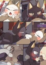 absurd_res anthro anus balls bedroom_sex bigoyatsu black_eyes blush bodily_fluids bow_tie bow_tie_only censor_bar censored closed_eyes comic cum cum_drip cum_in_mouth cum_inside cum_on_own_penis cum_on_penis cum_on_self cum_string domestic_cat dripping duo emanata felid feline felis fellatio genital_fluids genitals heart_symbol hi_res humanoid_genitalia humanoid_penis ineffective_censorship kuro_(doko_demo_issho) looking_at_another looking_at_genitalia looking_at_partner looking_at_penis lying male male/male mammal mostly_nude motion_lines narrowed_eyebrows navel on_back one_page_comic open_mouth oral oral_penetration penetration penile penis penis_in_mouth purple_body red_bow_tie sex slightly_chubby sony_corporation sony_interactive_entertainment tissue_box toro_inoue uncensored_version_at_paywall white_body yellow_inner_ear