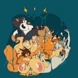 5_toes anthro ass barefoot bernese_mountain_dog big_breasts bird_dog blonde_hair blush borzoi breasts brown_body canid canine canis celia_(ceehaz) destroyed_clothing dog_knight_rpg domestic_dog face_in_pussy feet female female/female genitals golden_retriever group hair hi_res huge_breasts hunting_dog jeane_(ceehaz) jinti maci_(ceehaz) mammal molosser mountain_dog muscular muscular_female nipples nix_(ceehaz) nude orinette_(ceehaz) pussy retriever rory_(ceehaz) sighthound slime swiss_mountain_dog thick_thighs third-party_edit toes trapped