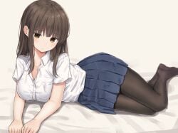 1girls akipeko black_pantyhose blue_skirt blush breasts brown_eyes brown_hair closed_mouth commentary highres large_breasts long_hair lying no_shoes on_side original pantyhose pleated_skirt school_uniform shirt short_sleeves sidelocks simple_background skirt solo white_shirt