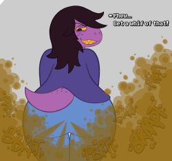 2022 ass clothed clothing deltarune dinosaur dinosaur_girl fart fart_cloud fart_everywhere fart_fetish farting farting_at_viewer farts female female_farting grinning lightner purple_body purple_skin sorollos susie_(deltarune) tail toby_fox undertale yellow_sclera yellow_teeth