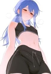 1boy ai_generated blue_hair blush breath bulge closed_mouth covered_nipples covering_penis erection_under_clothes from_below irofox long_hair looking_down navel original otoko_no_ko red_eyes shorts solo sports_bra sweat trap