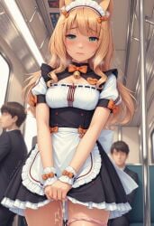 1girls after_rape after_sex after_vaginal ai_generated animal_ears blush cat_ears catgirl covering covering_crotch cum cum_drip female fully_clothed maid maid_headdress maid_outfit maid_uniform maple_(sayori) neck_bell neck_ribbon nekopara panties_around_one_leg stable_diffusion streaming_tears sweat tears train train_interior tremble_spikes trembling
