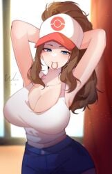 1girls armpits arms_up blue_eyes brown_hair cap cleavage cleavage_focus clothed clothed_female female female_only hair_band hilda_(pokemon) large_breasts looking_at_viewer midriff pokemon pokemon_bw pokemon_trainer tagme teenage_girl teenager weiic