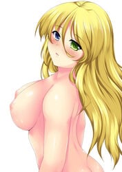 ass bare_shoulders blue_eyes blush breasts butt_crack female green_eyes heterochromia hoshizuki_(seigetsu) large_breasts long_hair looking_at_viewer nipples nude original pointy_chin solo