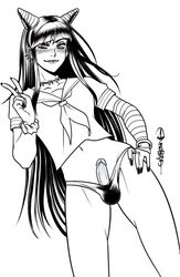 1futa anasheya androgynous balls balls_in_panties blush danganronpa erection futa_only futanari hand_on_hip intersex lipstick long_hair looking_at_viewer mioda_ibuki monochrome panties partially_clothed peace_sign penis red_lipstick school_uniform small_penis smile solo solo_futa standing straight_hair testicles