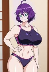 1girls absurdres ahoge ai_generated arm_support big_breasts blush breasts building cleavage cloud collarbone curtains female green_eyes highres holding house huge_breasts large_breasts looking_to_the_side midriff naruho navel pole power_lines purple_hair purple_shirt purple_shorts purple_sky shirt short_hair shorts wide_hips yukino_akaihi yukino_memories zel-sama