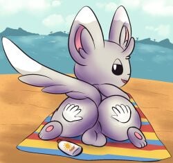 2020 ass backsack balls beach beach_towel big_butt big_ears big_head black_eyes day detailed_background dipstick_ears dipstick_tail disembodied_hand duo ear_markings feral generation_5_pokemon genitals hi_res inner_ear_fluff long_tail looking_at_viewer looking_back lying male male_feral male_focus markings minccino mincheeto multicolored_ears nintendo on_front on_towel open_mouth open_smile outside paws pokemon pokemon_(species) public rubbing rubbing_butt sand sea smile solo_focus sunscreen sunscreen_on_butt tail tail_aside tail_markings towel tuft water